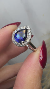 "Hailey" Pear Cut 3 Carat Halo Blue Sapphire Engagement Ring HAPS11S