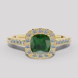 "Ines" 2 Carat Cushion Emerald Gem Halo Diamond Shoulder Ring