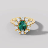 "Jass" Oval Cut Halo 2.5 Carat Emerald Yellow Gold Engagement Ring