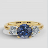 "Bluzz" Round Cut 1.5 Carat Blue Sapphire Trilogy Lab Grown Diamond Yellow Gold Engagement Ring 3SRB51