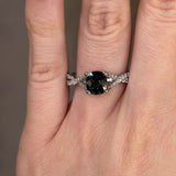 "River" Green Cushion Cut Crossover Diamond Shoulders Engagement Ring