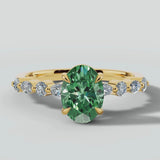 "Lousiana" Oval Cut 2 Carat Lab Grown Fancy Vivid Green Diamond Shoulder 18k Yellow Gold Engagement Ring DSOC05
