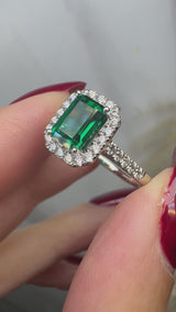 "Curena" Emerald Cut Halo and Diamond Shoulder Engagement Ring HAEC05E