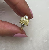 "Gloria" Radiant Cut Fancy Intense Yellow 1.5 Carat Trilogy 18k Yellow Gold Engagement Ring
