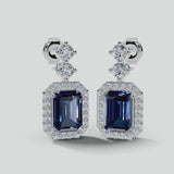 Emerald Cut 1 Carat Sapphire Diamond Halo Drop Earrings E1ECS
