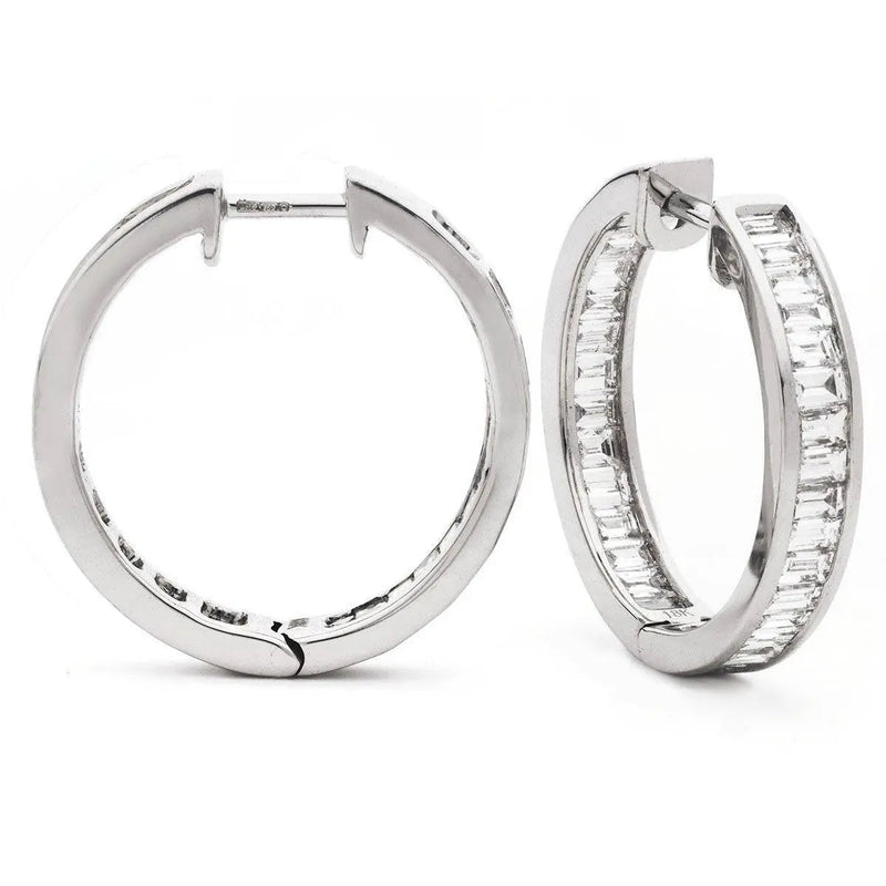 BAGUETTE CUT DIAMOND CHANNEL SETTING HOOP EARRINGS IN 18K WHITE GOLD - HEERA DIAMONDS