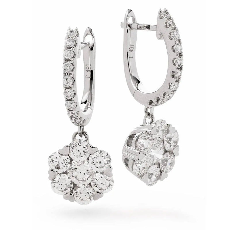 DIAMOND CLUSTER HOOP DROP EARRINGS IN 18K WHITE GOLD - HEERA DIAMONDS