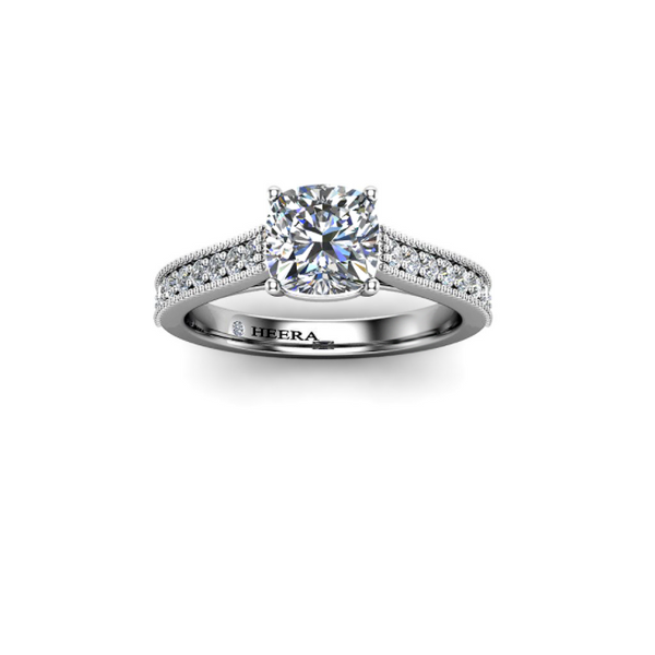 NESSA - Cushion Diamond Engagement ring with Milgrain Set Diamond Shoulders in Platinum - HEERA DIAMONDS