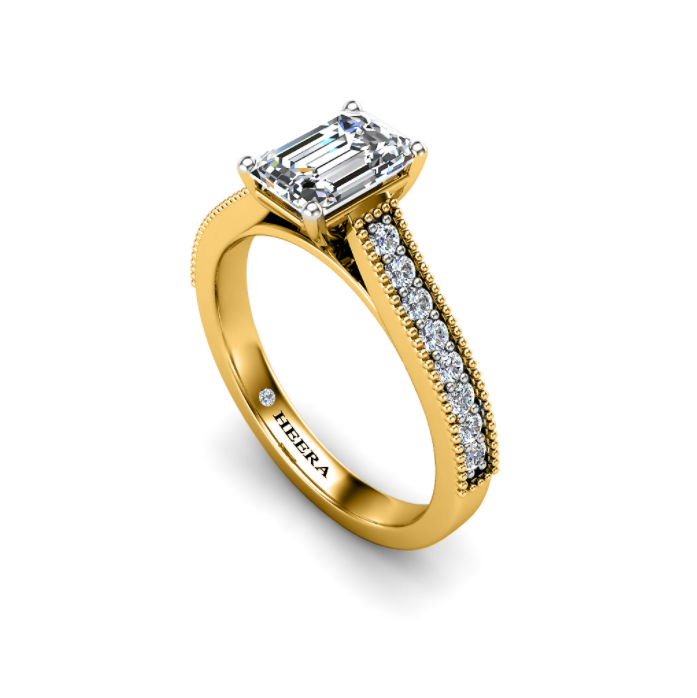 TANIA - Emerald Diamond Engagement ring with Milgrain Shoulders in Yellow Gold - HEERA DIAMONDS