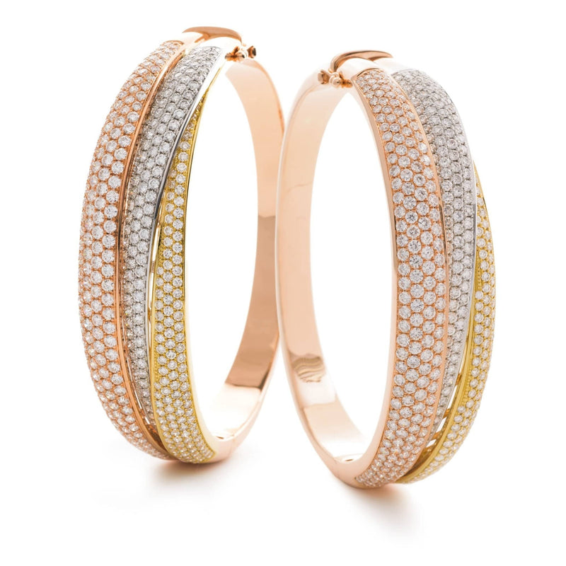 DIAMOND FIZED PAVE SETTING TRIPLE BAND BANGLE IN 18K THREE COLOUR GOLD - HEERA DIAMONDS