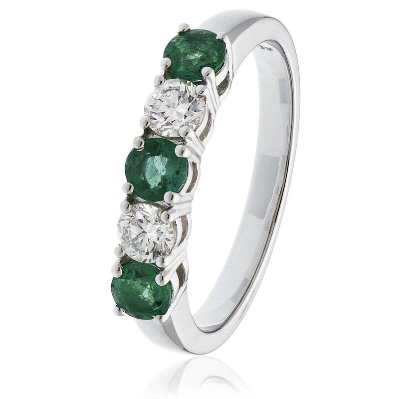 Diamond and Emerald Five Stone Ring in High Bar Setting - HEERA DIAMONDS