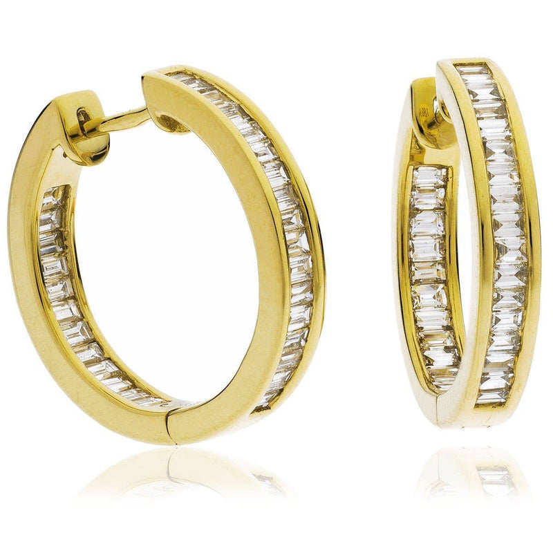 BAGUETTE CUT DIAMOND CHANNEL SET HOOP EARRINGS IN 18K YELLOW GOLD - HEERA DIAMONDS