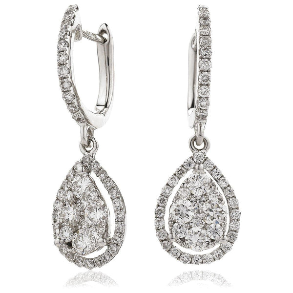 DIAMOND CLUSTER AND HALO DROP EARRINGS IN 18K WHITE GOLD - HEERA DIAMONDS