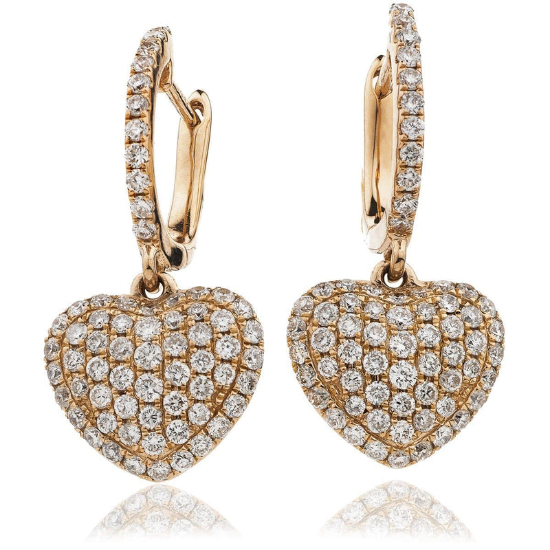 DIAMOND HEART SHAPE AND PAVE SETTING DROP EARRINGS IN 18K ROSE GOLD - HEERA DIAMONDS