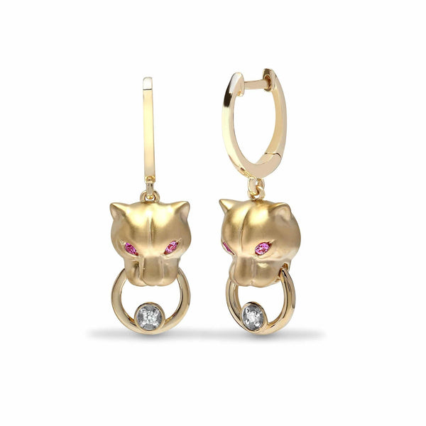 PINK SAPPHIRE AND DIAMOND PANTHER STUD EARRINGS IN 9K YELLOW GOLD - HEERA DIAMONDS
