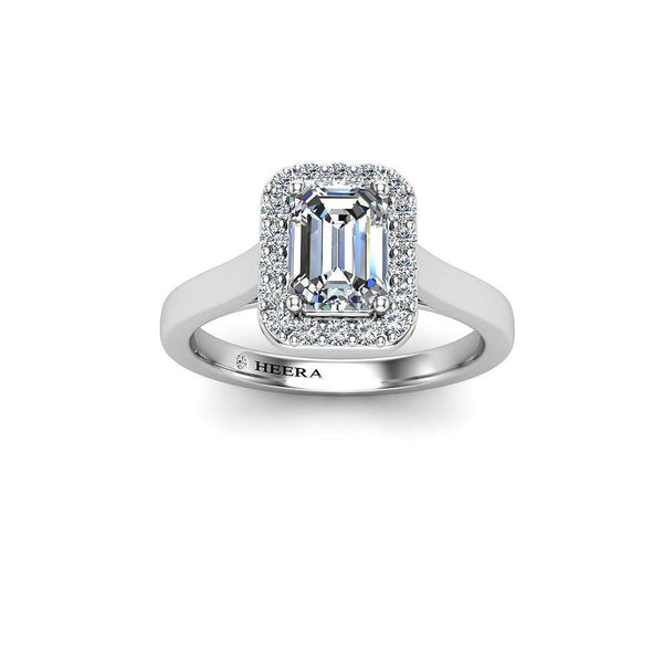 Emerald Cut Engagement Ring with Diamond Halo in Platinum - HEERA DIAMONDS