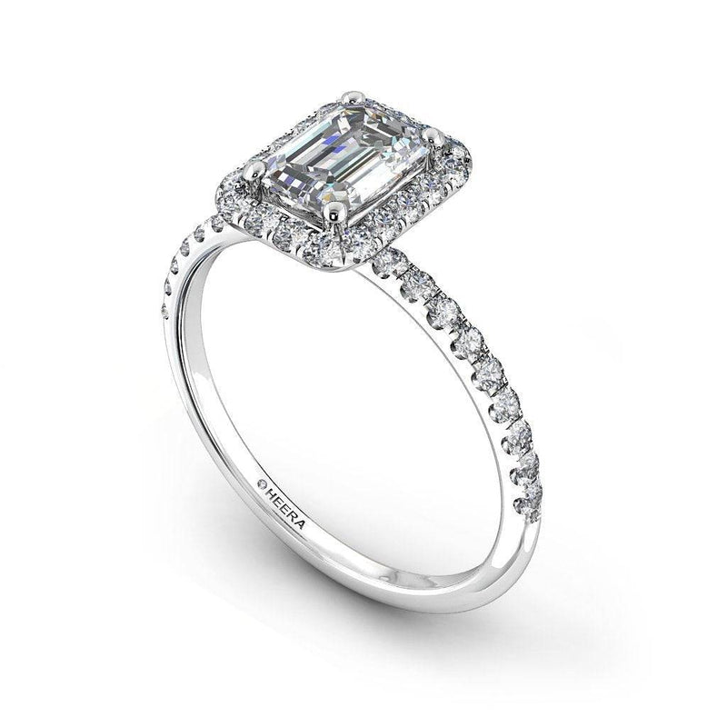 Emerald Cut Engagement Ring with Diamond Shoulders and Halo in Platinum - HEERA DIAMONDS