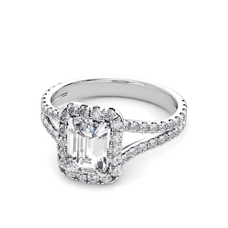 Emerald Engagement Ring with Diamond Split Shoulders and Halo in Platinum - HEERA DIAMONDS