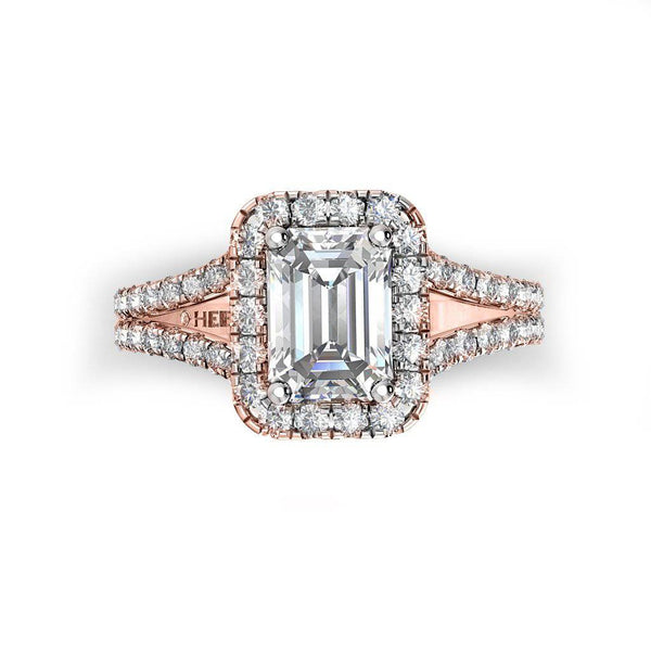 Emerald Engagement Ring with Diamond Split Shoulders and Halo in Rose Gold - HEERA DIAMONDS