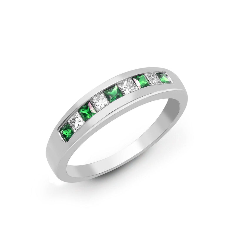 18ct White Gold Diamond And Emerald Princess Cut Half Eternity Ring - HEERA DIAMONDS