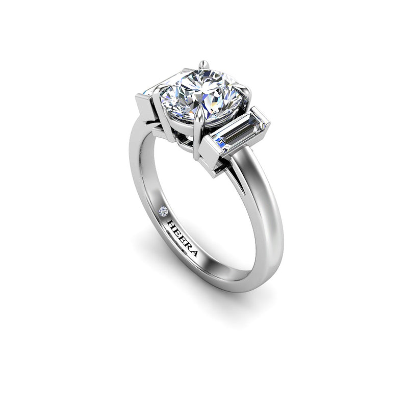 AVOCADO - Round Brilliant and Baguettes Trilogy Engagement Ring in Platinum - HEERA DIAMONDS