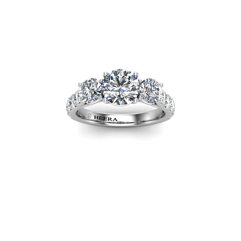VERDUM - Round Brilliant Trilogy Engagement Ring with Diamond Shoulders in Platinum - HEERA DIAMONDS