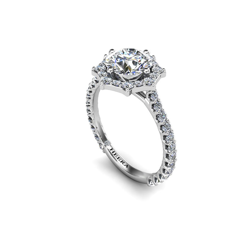 DEMI - Round Brilliant Engagement Ring with Diamond Halo and Shoulders in Platinum - HEERA DIAMONDS