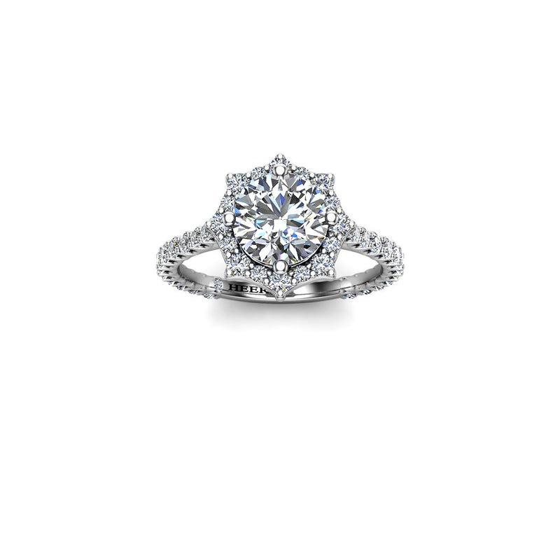 DEMI - Round Brilliant Engagement Ring with Diamond Halo and Shoulders in Platinum - HEERA DIAMONDS
