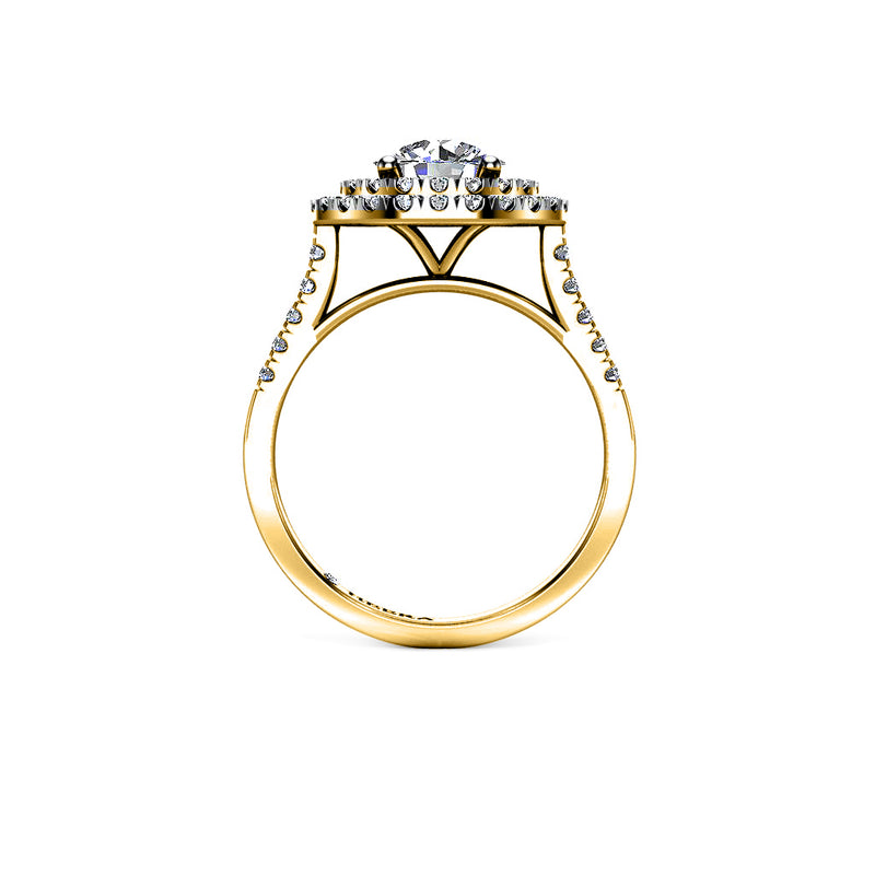 SAMIRA - Round Brilliant Engagement Ring with Diamond Halo and Shoulders in Yellow Gold - HEERA DIAMONDS