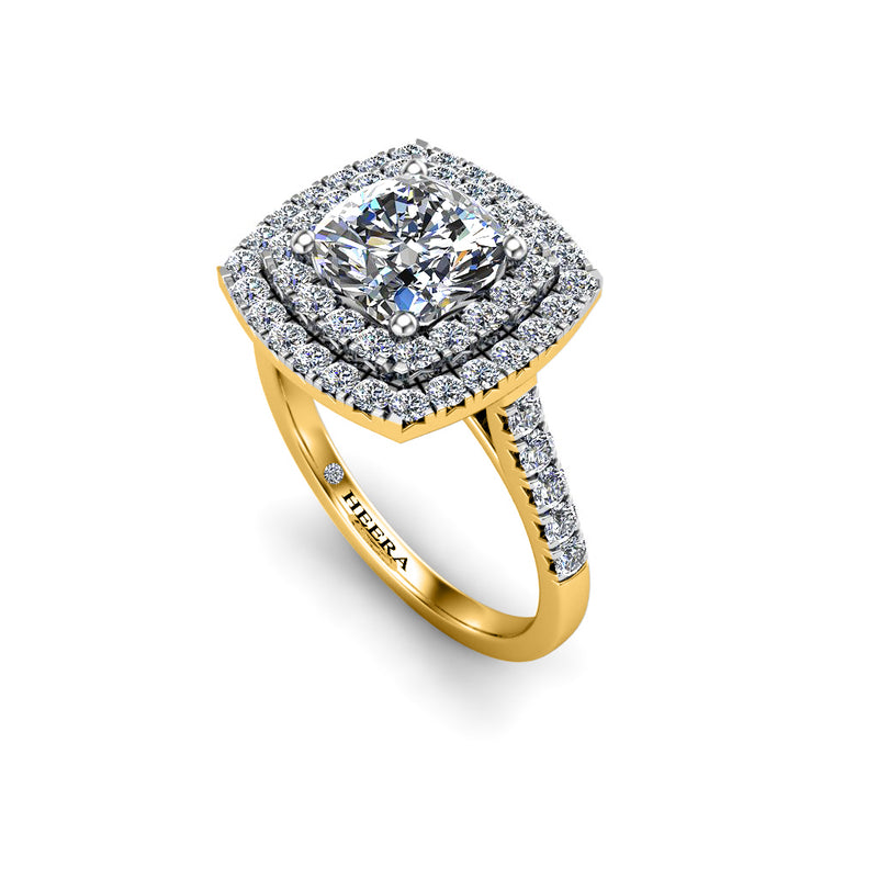 YARA - Cushion Cut Engagement Ring with Double Halo and Diamond Shoulders in Yellow Gold - HEERA DIAMONDS