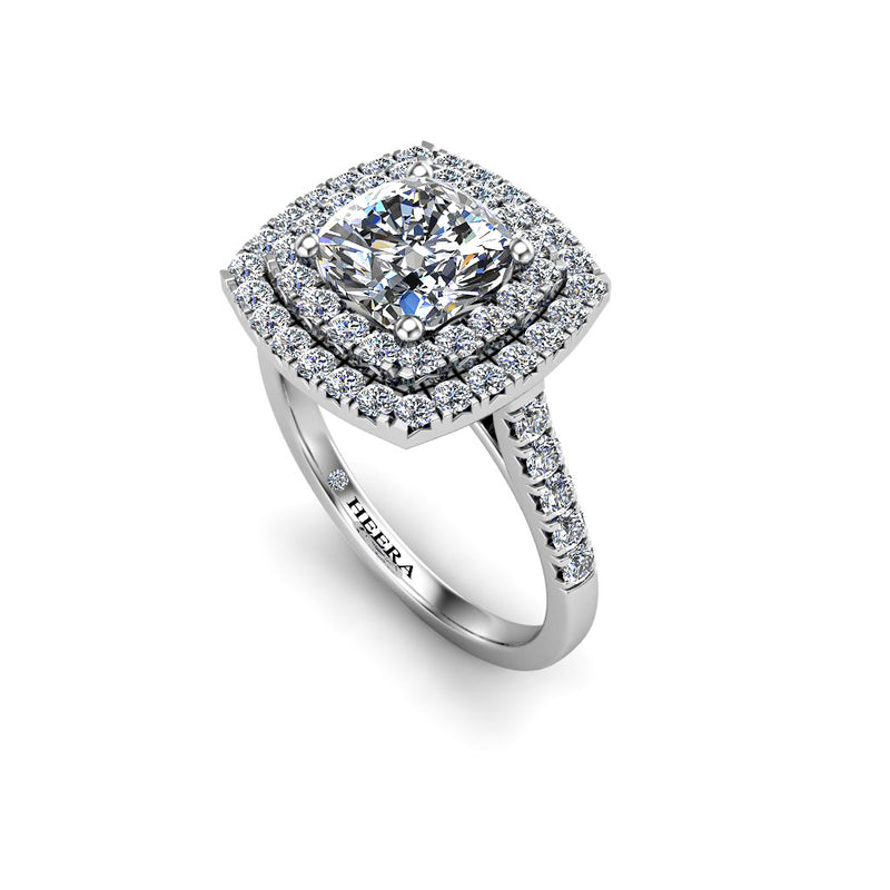 YARA - Cushion Cut Engagement Ring with Double Halo and Diamond Shoulders in Platinum - HEERA DIAMONDS