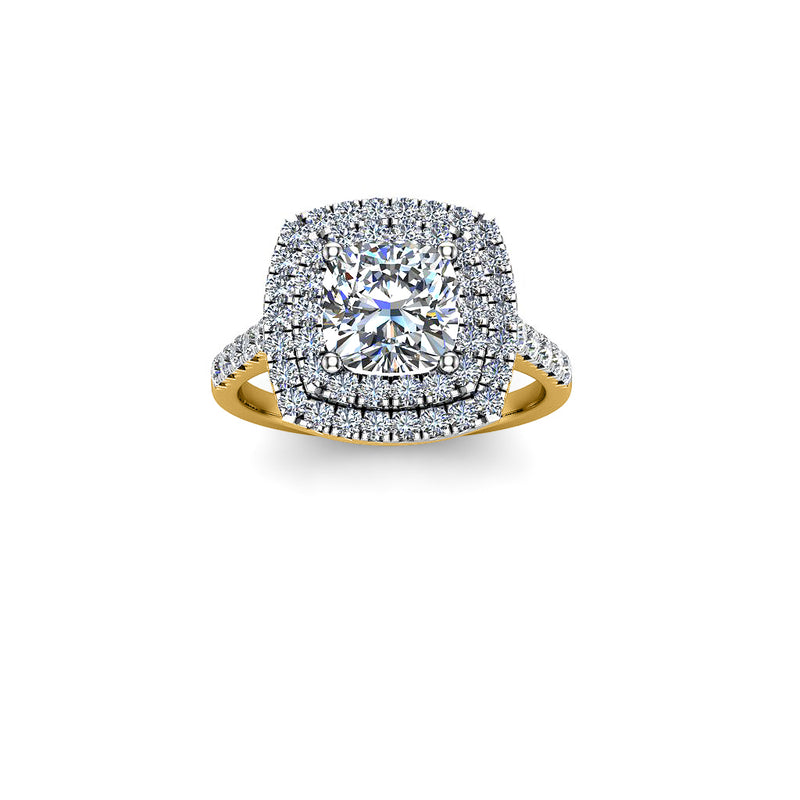 YARA - Cushion Cut Engagement Ring with Double Halo and Diamond Shoulders in Yellow Gold - HEERA DIAMONDS