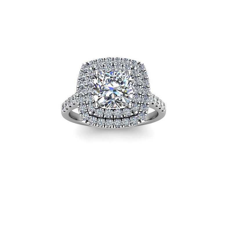 YARA - Cushion Cut Engagement Ring with Double Halo and Diamond Shoulders in Platinum - HEERA DIAMONDS