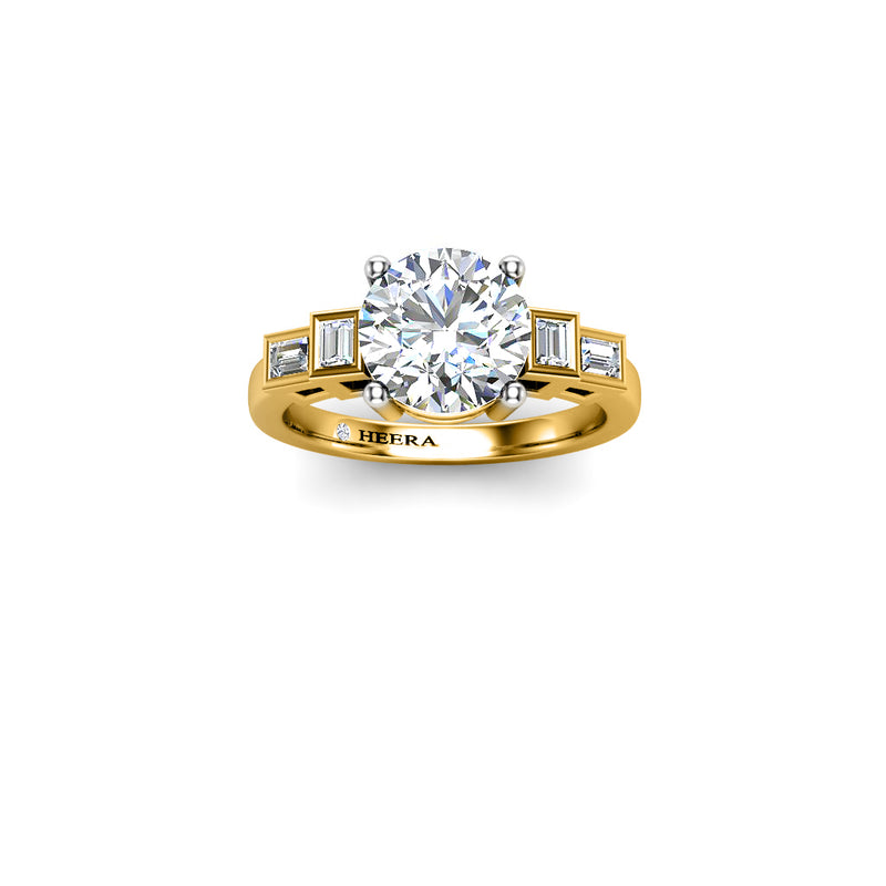MAY - Round Brilliant and Emeralds Trilogy Engagement Ring in Yellow Gold - HEERA DIAMONDS