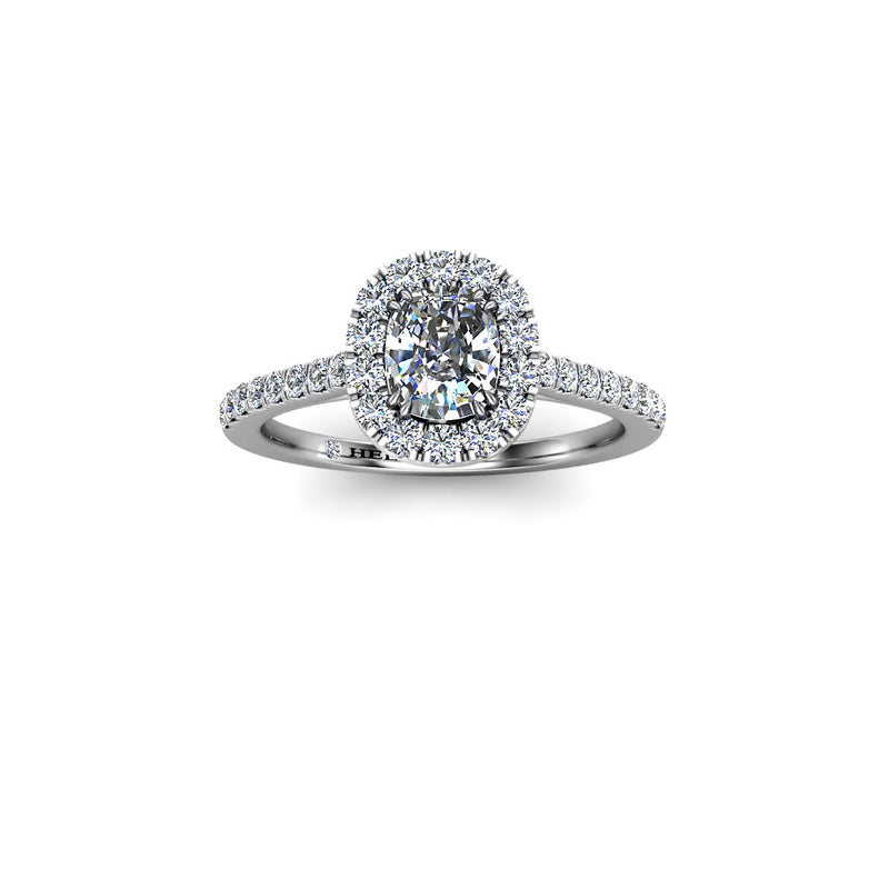SAGE - Cushion Cut Engagement Ring with Halo and Diamond Shoulders in Platinum - HEERA DIAMONDS