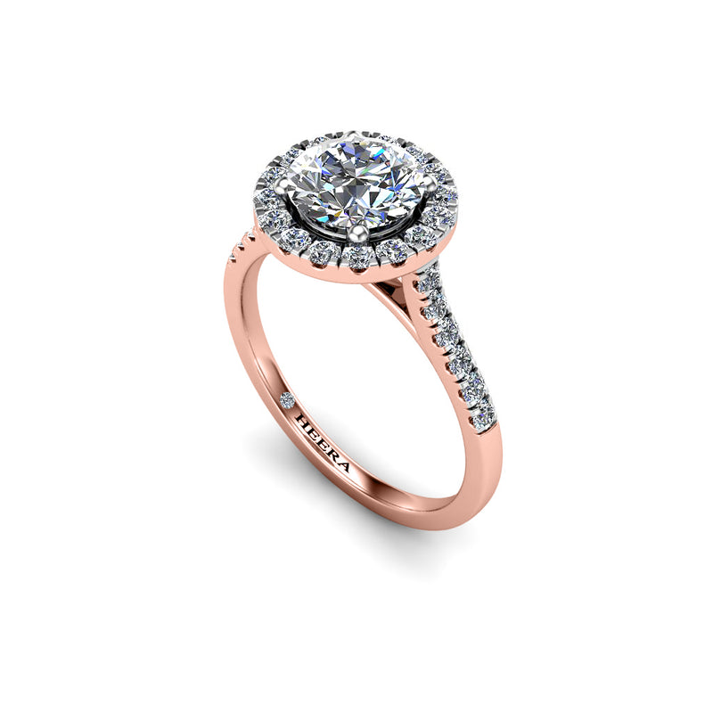 RUMI - Round Brilliant Engagement Ring with Diamond Halo and Shoulders in Rose Gold - HEERA DIAMONDS