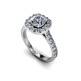 LUCRECIA - Cushion Cut Engagement Ring with Halo and Diamond Shoulders in Platinum - HEERA DIAMONDS
