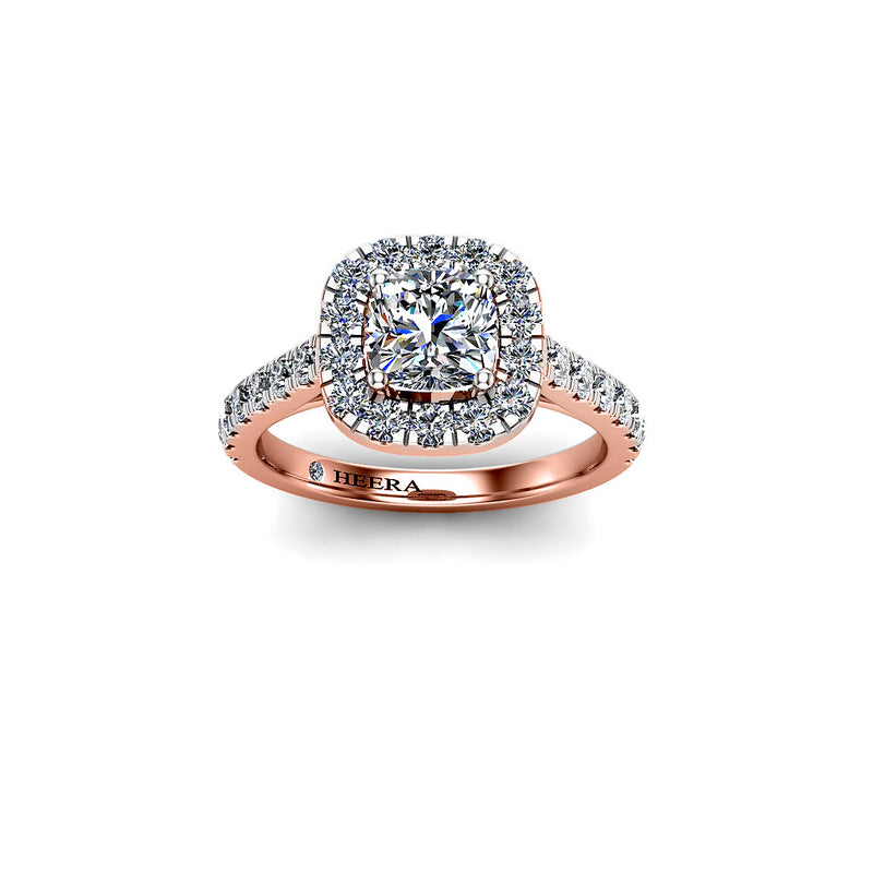 LUCRECIA - Cushion Cut Engagement Ring with Halo and Diamond Shoulders in Rose Gold - HEERA DIAMONDS