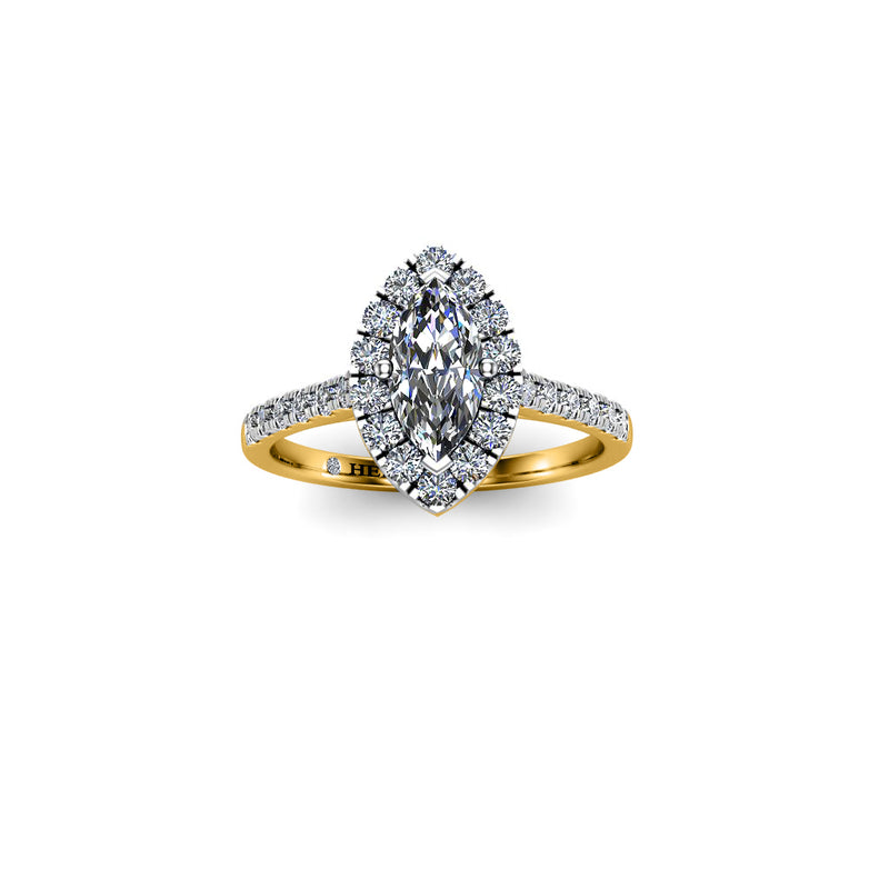 LONDON - Marquise Cut Engagement Ring with Halo and Diamond Shoulders in Yellow Gold - HEERA DIAMONDS