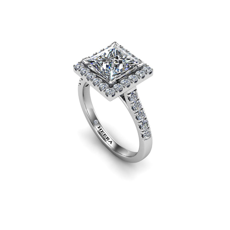 GEORGINA - Princess Cut Engagement Ring with Diamond Halo and Shoulders in Platinum - HEERA DIAMONDS