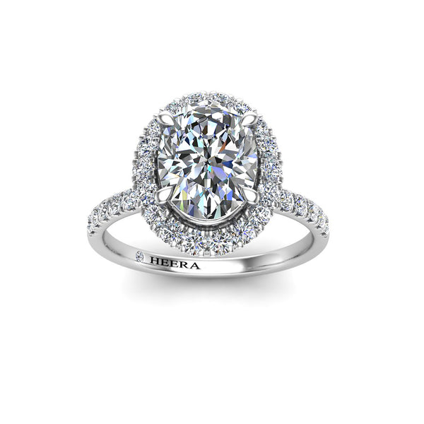 RUTH - Oval Cut Engagement Ring with Halo and Diamond Shoulders in Platinum - HEERA DIAMONDS