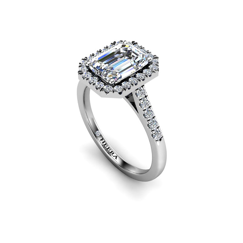 RACHEL - Emerald Cut Engagement Ring with Halo and Diamond Shoulders in Platinum - HEERA DIAMONDS