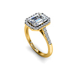 RACHEL - Emerald Cut Engagement Ring with Halo and Diamond Shoulders in Yellow Gold - HEERA DIAMONDS