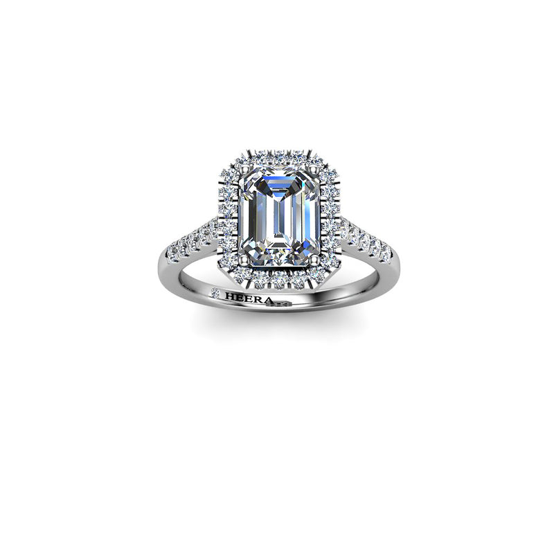 RACHEL - Emerald Cut Engagement Ring with Halo and Diamond Shoulders in Platinum - HEERA DIAMONDS