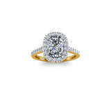 PRISCILLA - Cushion Cut Engagement Ring with Halo and Diamond Shoulders in Yellow Gold - HEERA DIAMONDS