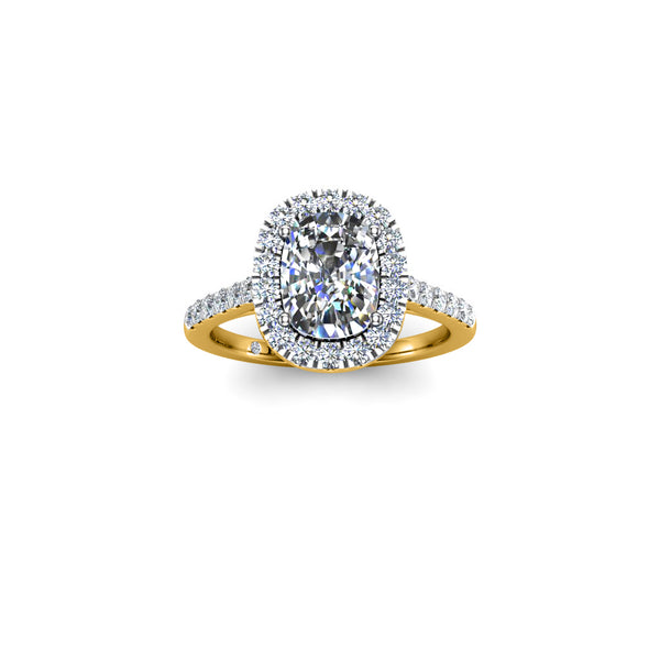 PRISCILLA - Cushion Cut Engagement Ring with Halo and Diamond Shoulders in Yellow Gold - HEERA DIAMONDS