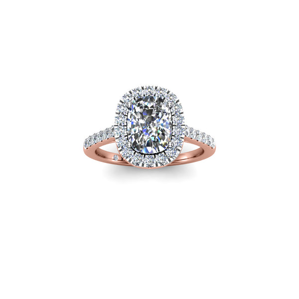 PRISCILLA - Cushion Cut Engagement Ring with Halo and Diamond Shoulders in Rose Gold - HEERA DIAMONDS