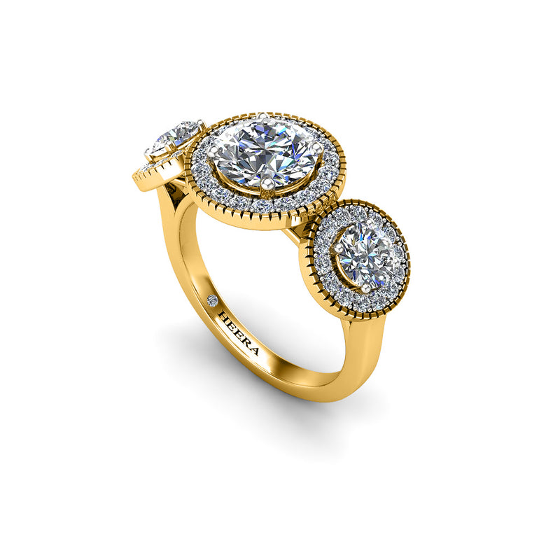 VIRIDIAN - Round Brilliants Trilogy Engagement Ring with Halo  in Yellow Gold - HEERA DIAMONDS