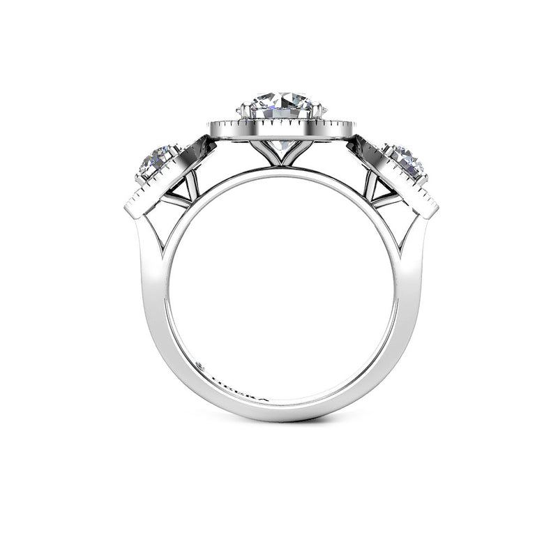 VIRIDIAN - Round Brilliants Trilogy Engagement Ring with Halo in Platinum - HEERA DIAMONDS