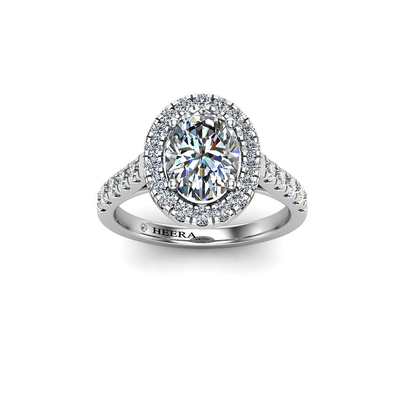 JESSICA - Oval Cut Engagement Ring with Diamond Halo and Shoulders in Platinum - HEERA DIAMONDS